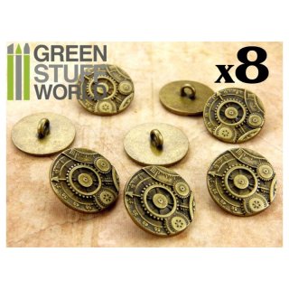 Green Stuff World - 8x Steampunk Buttons GEARS MECHANISM - Antique Gold
