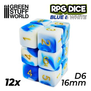 Green Stuff World - 12x D6 16mm Dice - Blue White