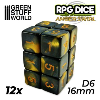 Green Stuff World - 12x D6 16mm Dice - Amber Swirl