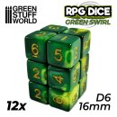 12x D6 16mm Dice - Green Swirl