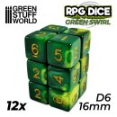 Green Stuff World - 12x D6 16mm Dice - Green Swirl