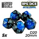 Green Stuff World - 5x D20 20mm Dice - Blue Swirl