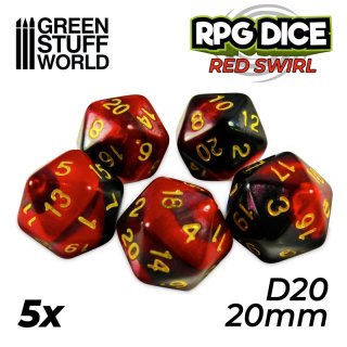 Green Stuff World - 5x D20 20mm Dice - Red Swirl