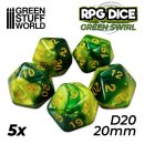 Green Stuff World - 5x D20 20mm Dice - Green Swirl