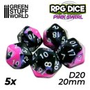 Green Stuff World - 5x D20 20mm Dice - Pink Swirl