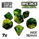 Green Stuff World - 7x Mix 16mm Dice - Green Swirl