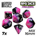 Green Stuff World - 7x Mix 16mm Dice - Pink Swirl