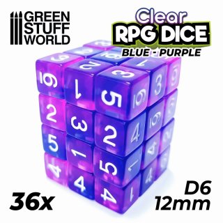 Green Stuff World - 36x D6 12mm Dice - Clear Blue/Purple