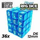 36x D6 12mm Dice - Clear Blue/Turquoise