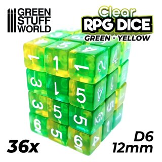 36x D6 12mm Dice - Clear Green/Yellow