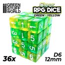 Green Stuff World - 36x D6 12mm Dice - Clear Green/Yellow