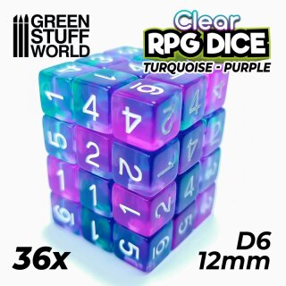 36x D6 12mm Dice - Clear Turquoise/Purple