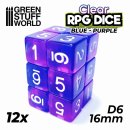Green Stuff World - 12x D6 16mm Dice - Clear Blue/Purple