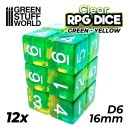 Green Stuff World - 12x D6 16mm Dice - Clear Green/Yellow