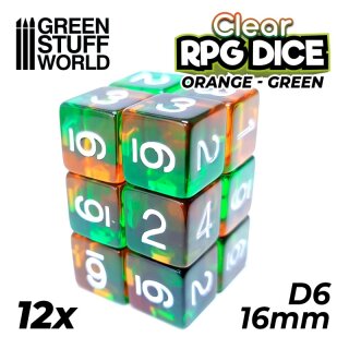 12x D6 16mm Dice - Clear Orange/Green