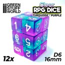 Green Stuff World - 12x D6 16mm Dice - Clear Turquoise/Purple
