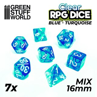 7x Mix 16mm Dice - Clear Blue/Turquoise