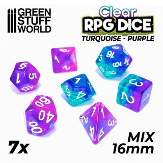 Green Stuff World - 7x Mix 16mm Dice - Clear Turquoise/Purple