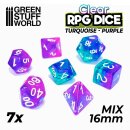 7x Mix 16mm Dice - Clear Turquoise/Purple