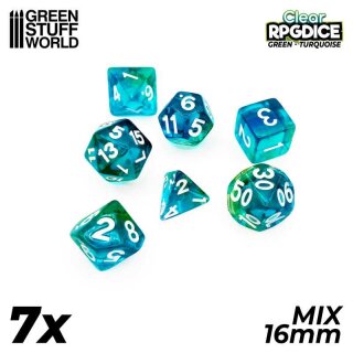 Green Stuff World - 7x Mix 16mm Dice - Green - Turquoise