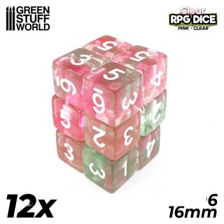 Green Stuff World - 12x D6 16mm Dice - Clear Pink